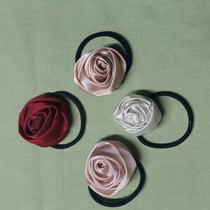 Pink and Cream Rose Hair Ties.  Set Of 4.